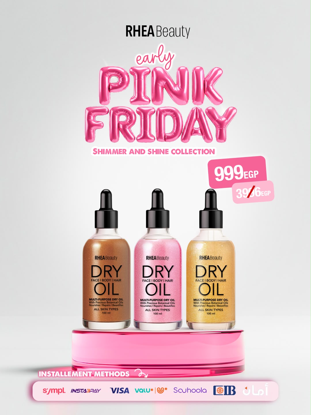 Shimmer and shine collection- bronze dry oil - pink dry oil- gold dry oil